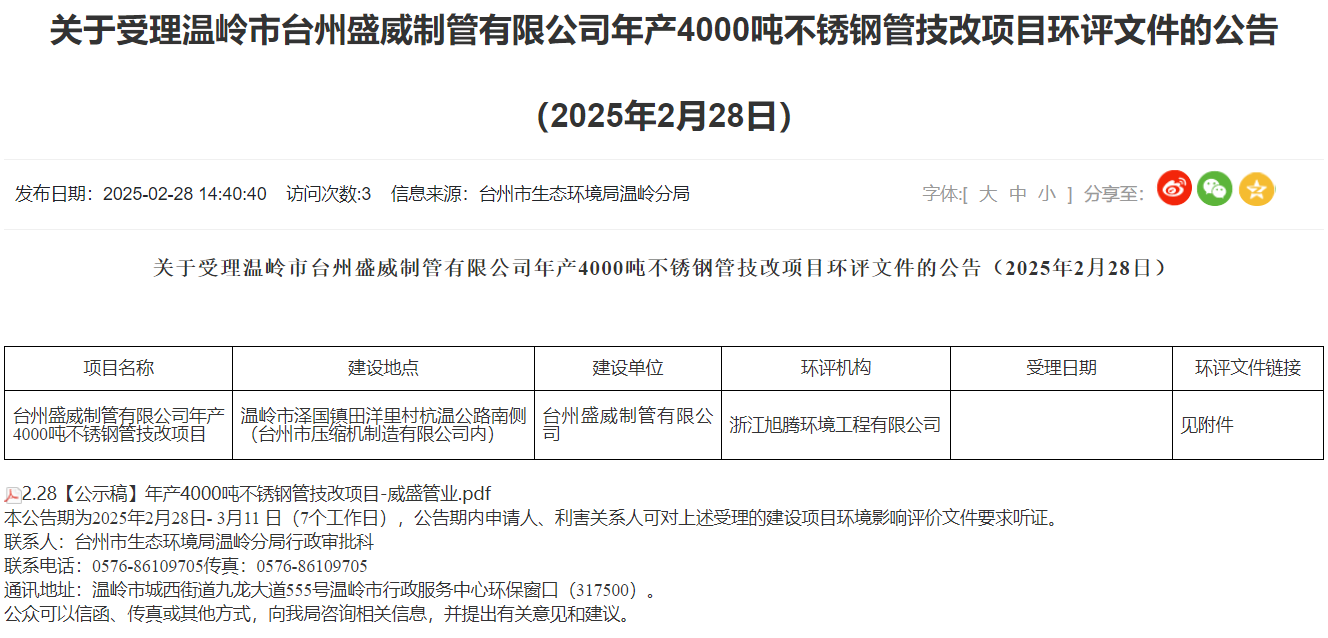 溫嶺臺州盛威制管有限公司年產4000噸不銹鋼管技改項目環評獲受理
